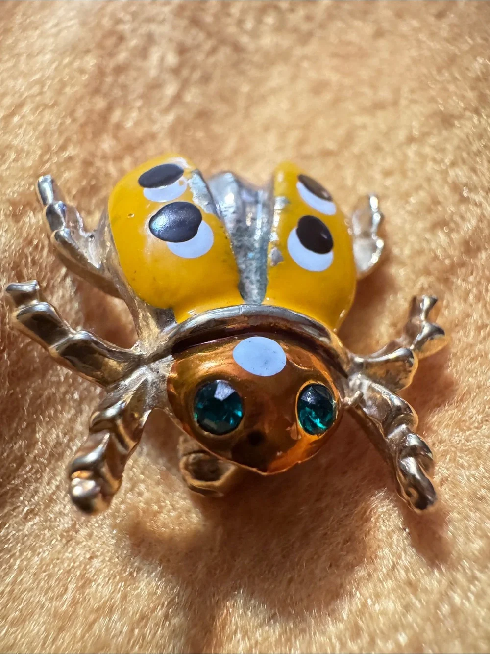 Cute Yellow Enamel Ladybug Brooch with Green Rhinestone Eyes